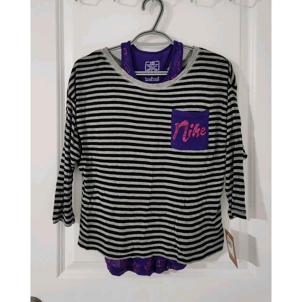 Nike Girls Gray Black Stripe‎ Purple Tank Tee Size L